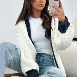 A Little Too Much Knit Cardigan Cream + Navy