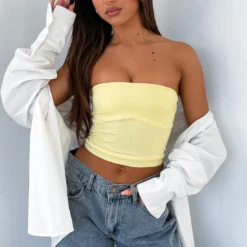 Ride With Me Strapless Crop Lemon/White