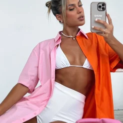 Worth Your Time Button Up Shirt Orange & Pink Splice